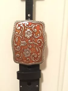 Black Leather Western Belt Embroidered & Rhinestones Rose Buckle Women's 30x32 - Picture 1 of 10