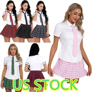 ·Women School Girl Cosplay Costume Student Uniform Fancy Dress Plaid Skirt - Picture 1 of 49
