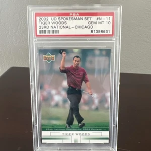 Juego de portavoces Upper Deck UD 2002 PROMOCIÓN NACIONAL Tiger Woods PSA 10 gemas como nuevo difícil de encontrar - Imagen 1 de 4