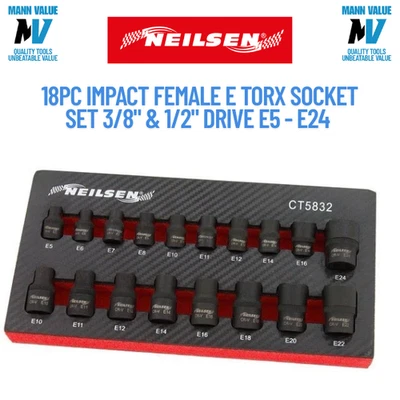 18pc Impact Female E Star Torx Socket Set 3/8" & 1/2" Drive E5 - E24 Neilsen - Image 1 of 4