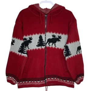 Vtg Earth Ragz Sweater Jacket M Red Wool Blend Hooded Moose Geometric Tree Zip - Picture 1 of 19