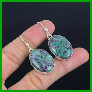 Sterling Silver Ruby Fuchsite Stone Bezel Trendy Dangle Drop Earrings Jewelry - Picture 1 of 11