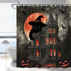 70"x70" Halloween Cat Shower Curtain Pumpkin Bat Moon Witch Hat Bathroom Décor - Picture 1 of 7