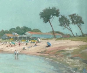 ORIGINAL MICHAEL RICHARDSON   "Beach Scene St Martin de Re" France OIL PAINTING - Picture 1 of 1