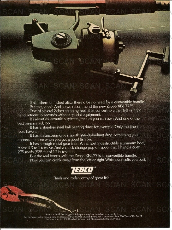 Carrete de pesca Zebco XBL 77 1974 anuncio de revista vintage con señuelo Dole Ditchdigger Foto 1 de 1