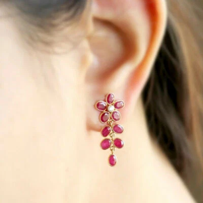 3.0Ct Lab-created Oval Red Ruby Dangling Women Earrings 14K Yellow Gold Finish - Image 1 of 4