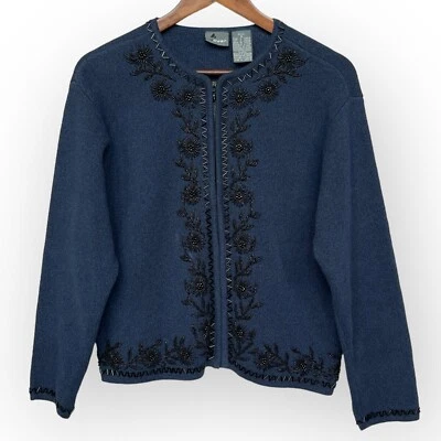 Suéter Lizwear Cremallera Completa Mujer Talla PM Azul Floral Cuentas 100% Algodón Foto 1 de 4