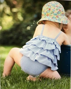 NWT 6-12M Mini Boden Blue Seersucker Ruffled One Piece Swimsuit - Picture 1 of 2