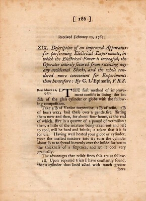 Description of an improved Apparatus for performing Electrical Experiments  1768 - Image 1 of 3