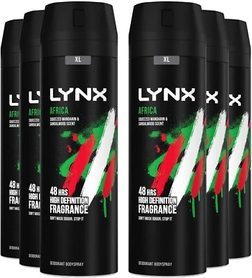 Lynx XL Africa Body Spray 48H Fresh Mandarin & Sandalwood Scent Deo, 6x200ml