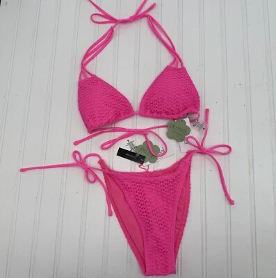 Damsel Bikini Web Crochet Hot Pink String Size Small High Leg NWT - Image 1 of 4