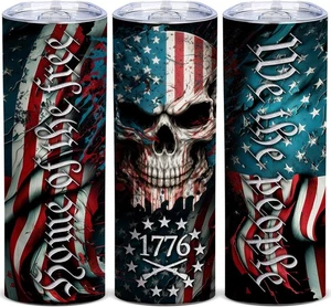 Patriotic Skull Tumbler,20 oz Skinny American Flag Tazza da Viaggio con Antiperdite L... - Foto 1 di 6