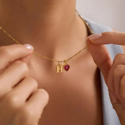 Collar Colgante Inicial Personalizado Chapado en Oro Amarillo 14K Piedra Natal Simulada 1Ct Foto 1 de 4