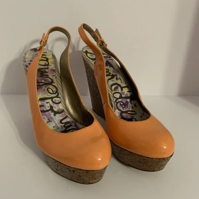 Sandalias de cuña Sam Edelman Mallory naranja charol con correa de corcho para mujer 10M Foto 1 de 4