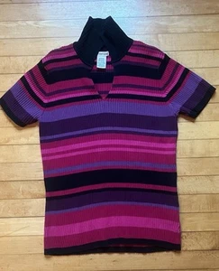 Vtg St John’s Bay 90s Short Sleeve Pink Purple Black Ribbed Collared Women’s M - Picture 1 of 5