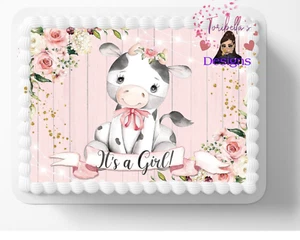 It's A Girl Pink Baby Cow Print Edible Image Edible Cake Topper DIY Cake 03 - Picture 1 of 1