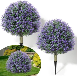 24" Artificial Topiary Ball Trees with Flowers Set of 2,Outdoor Fake Topiary wit - Picture 1 of 6