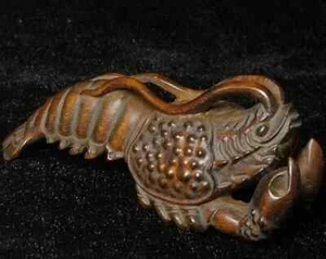 Statua aragosta intagliata a mano legno di bosso giapponese 8 cm Netsuke tavolo deco da collezione - Foto 1 di 9