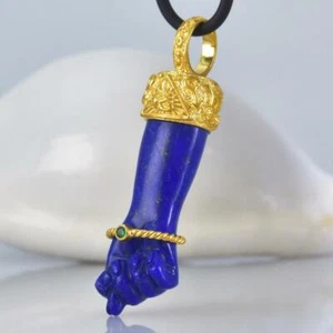 Gold Vermeil Sterling Mano Fico Figa Anhänger Geschnitzter Lapis Lazuli Smaragd - Bild 1 von 11