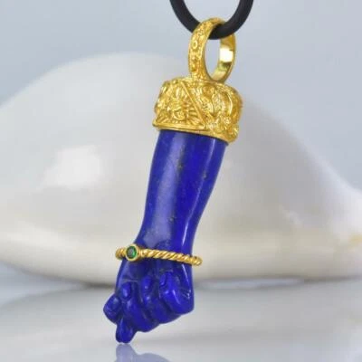 Gold Vermeil Sterling Mano Fico Figa Anhänger Geschnitzter Lapis Lazuli Smaragd - Bild 1 von 4