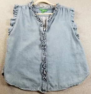 Dip Button Up Shirt Damen Extra Large XL Blau Ärmellos Rüschen Denim Tank Top - Bild 1 von 11