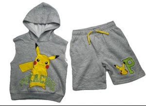 POKEMON Pickachu Hooded Sweat T- Shirt and Shorts Kids Boys Size XL 3pc Set - Picture 1 of 13