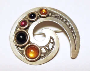 PIN STEVE STAMAS Vintage MODERNISTA Gema ÁMBAR/ONYX/GRANATE PLATA DE LEY/925 - Imagen 1 de 2