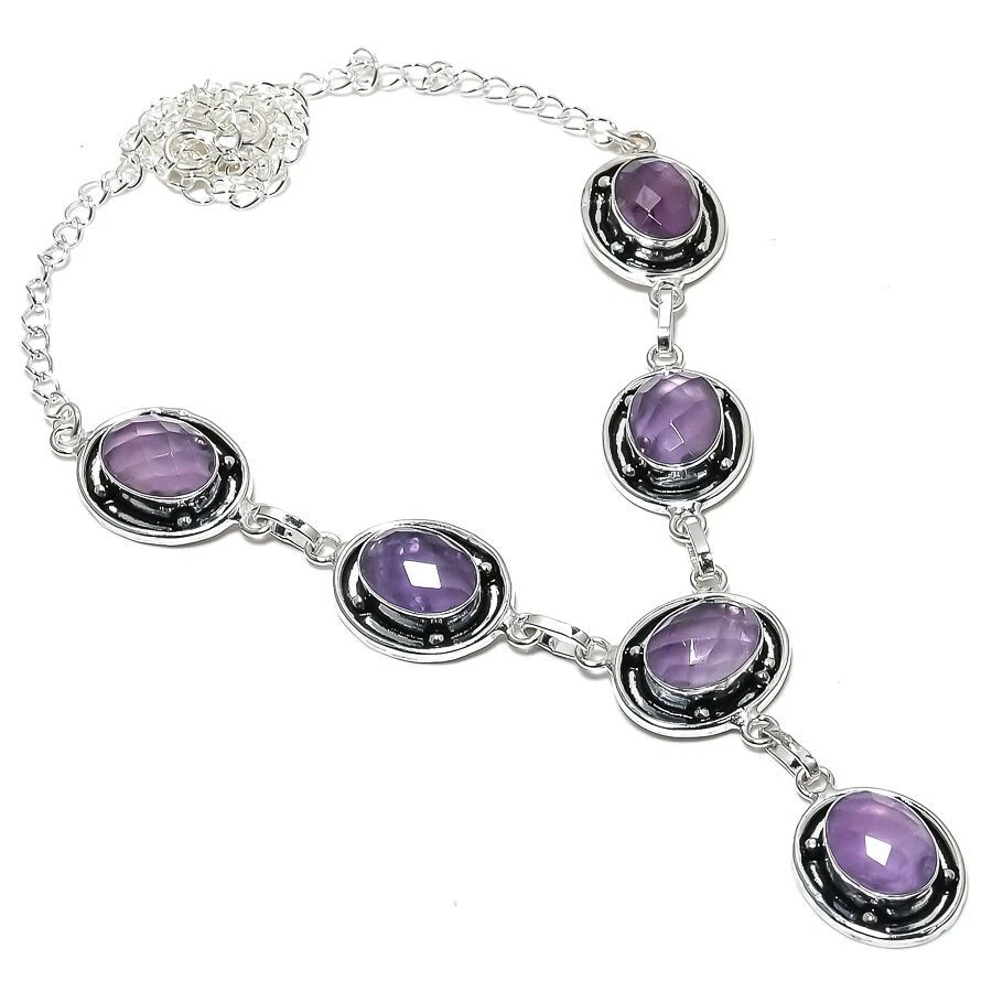 Collar de joyería de plata de ley 925 hecho a mano con piedras preciosas de amatista púrpura tamaño 18" Foto 1 de 1