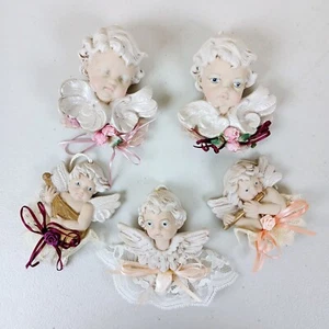 Vintage Cherub Engel Weihnachtsschmuck Spitze & Rosen handbemalt Biskuit - Bild 1 von 11