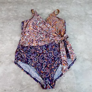 Lands End Swimsuit Womens 18 Purple Paisley Tummy Control V Neck Rushing Tie - Picture 1 of 17