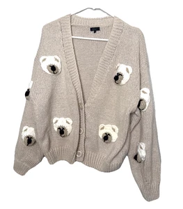 Debut Size M Cardigan Cozy Beige Sweater with Crochet Teddy Bear Accents - Picture 1 of 9