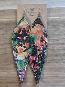 Handmade GENUINE Leather Feather Earrings Black Suede w/ Abstract Print 3" - Picture 1 of 1