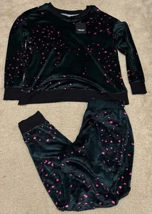 Vera Wang Pyjama Set Leopard Animal Print Damen klein Velour smaragdgrün rosa - Bild 1 von 24