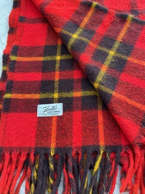 Vintage Wool Blanket Fringe Tartan Plaid Faribo Fluff Loomed Red Blue Camp USA - Image 1 of 3