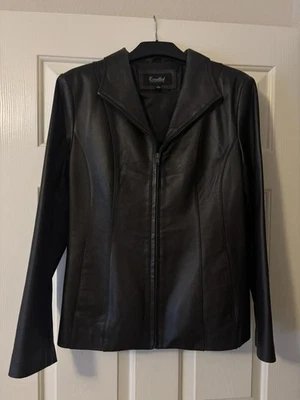 Chaqueta con cremallera de cuero genuino marrón oscuro Excelled Collection para mujer talla M Foto 1 de 4