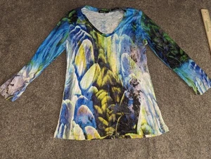 David Cline Abstract Blue Avatar Pullover Top 3/4 Sleeve Medium - Picture 1 of 12