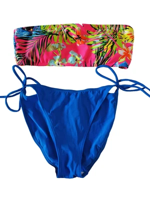 F&F UK 14/M Multi Tropical Padded Strapless Bandeau Tie Side Bikini - Image 1 of 4