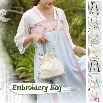 Bolso de Hombro Hanfu Bordado Antiguo Chino Flor Ramo Boca Borla Foto 1 de 4