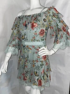Alice + Olivia Cold Shoulder Tiered Lace Trimmed Floral Silk Mini Dress Size 10 - Picture 1 of 12