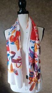 New 100% Silk Cream White and Rare Bird Design Spring Summer Scarf from Paris  - Picture 1 of 9