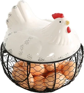 Black Metal Egg Storage Basket w/ White Ceramic Chicken Lid & Handle, Egg Holder - Picture 1 of 6