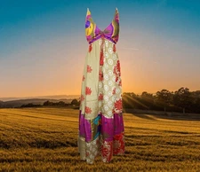 Womens Upcycle Silk Maxi Dress, Beach Maxi dress, Flowy Dresses, Beige Pink M/L