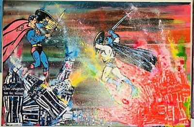 Уличное искусство оригинальная картина 6x4 фута Mr Clever Art Superman Vs Batman Dom Battle - Изображение 1 из 4