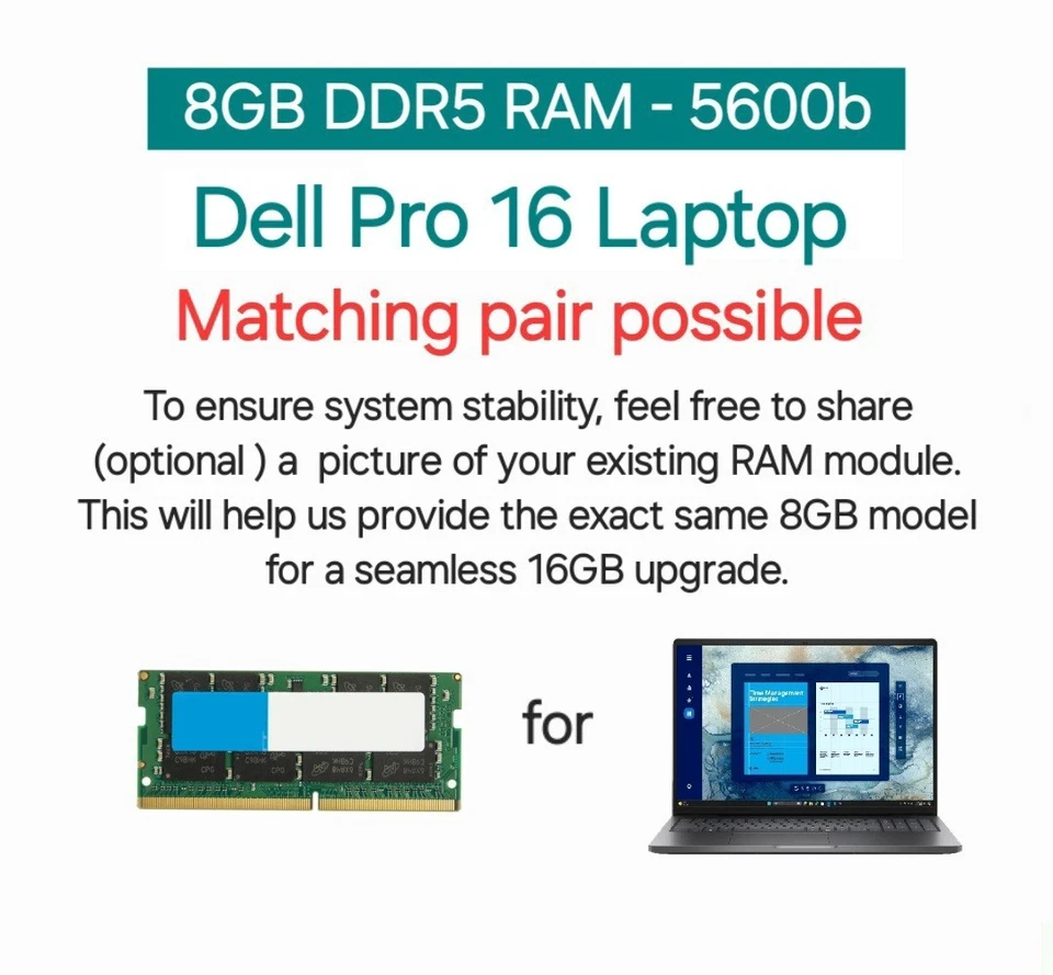 RAM upgrade for Dell Pro 16  2025 Laptop  (PC16250) 8GB with Warranty - Image 1 of 1