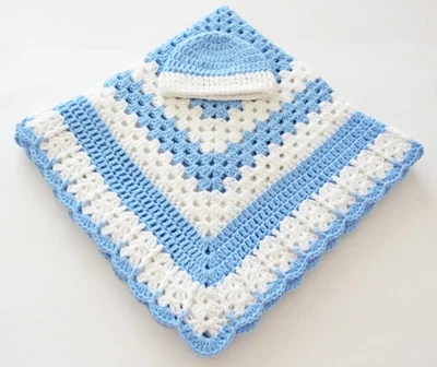 MANTA BEBÉ Nueva Ganchillo Suave Mimosa Azul y Blanco con Sombrero 35”x35” Cuna Regalo Foto 1 de 4