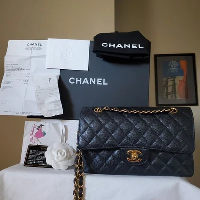 $10900 CHANEL Classic small double Flap Bag black caviar gold hw Receipt 2019 - Image 1 of 4