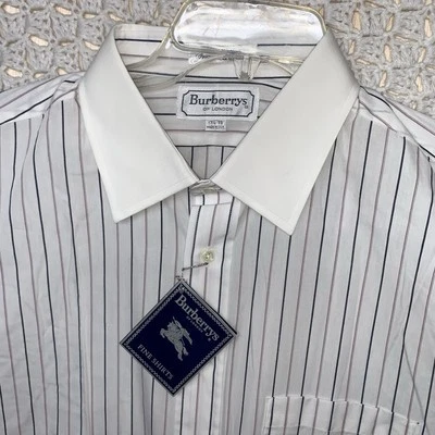 复古 Burberry 伦敦正装衬衫男式 17.5 - 35 白色条纹长袖美国制造 — 第 1/4 张图片