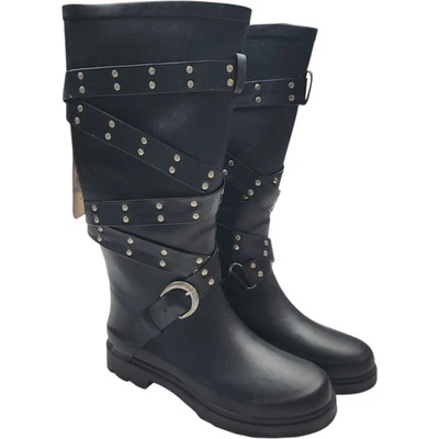 Chooka Rocker Black Studded Straps Knee High Combat Rain Boots US 7 Punk Goth - Image 1 of 4