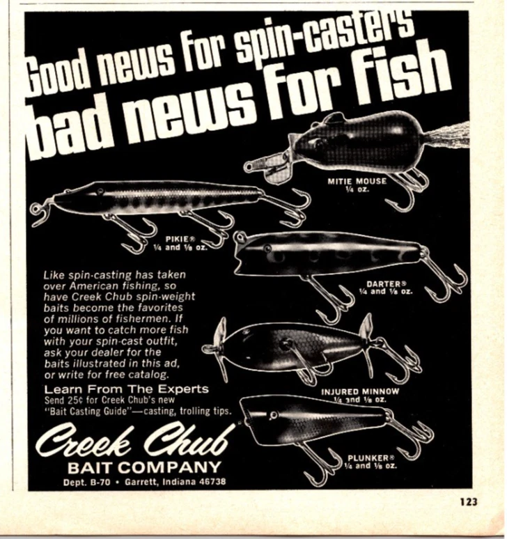 Anuncio impreso original vintage 1970 Creek Chub Bait Co. anuncio (6 pulgadas x 5 pulgadas) Foto 1 de 1