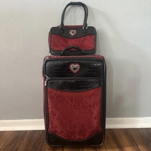 Brighton Suitcase Mevelyn Red Heart Canvas Black Leather Trim W/Cosmetic Carryon - Picture 1 of 18